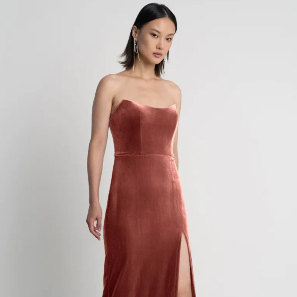 Jenny Yoo Strapless Velvet Gown in Dusty Rose